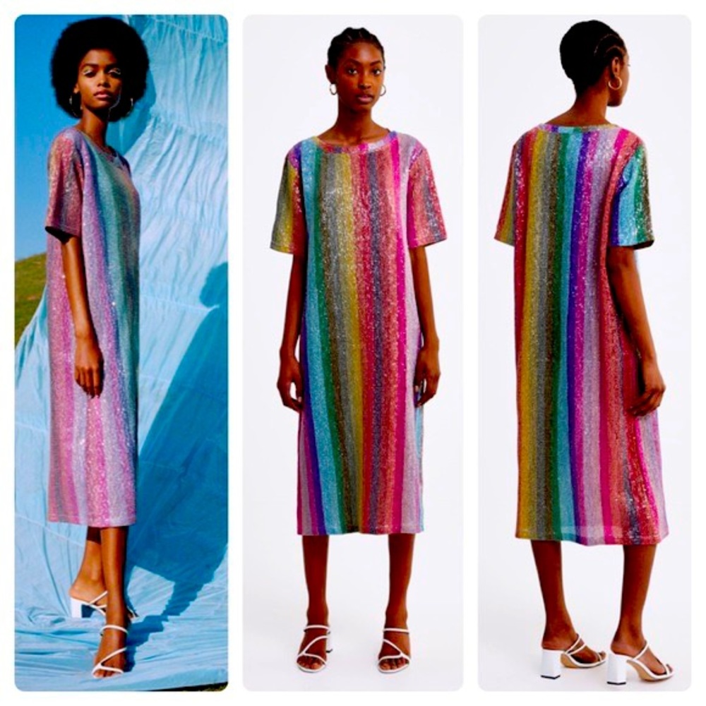 Zara Rainbow Stripe Sparkly Sequin Midi Dress Medium NEW